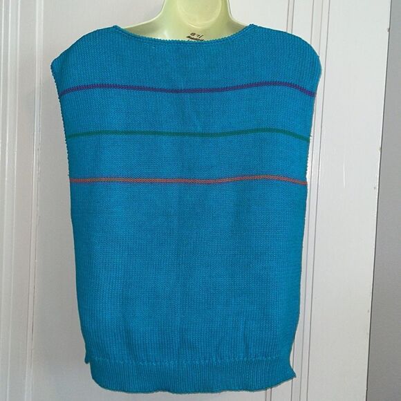 Vtg 80s Alpenblick turquoise blue cotton sleeveless sweater/ triangles on front - Picture 6 of 8